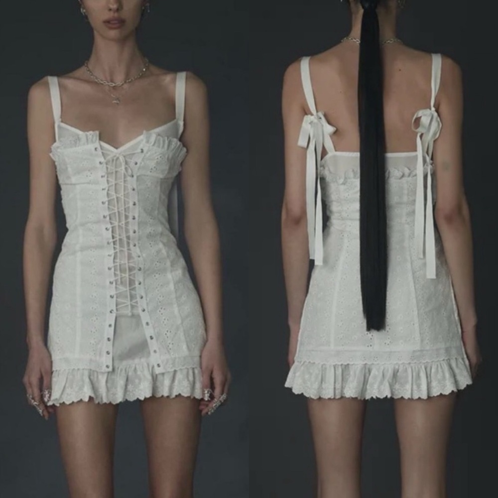 Lace-Up White Eyelet Mini Dress